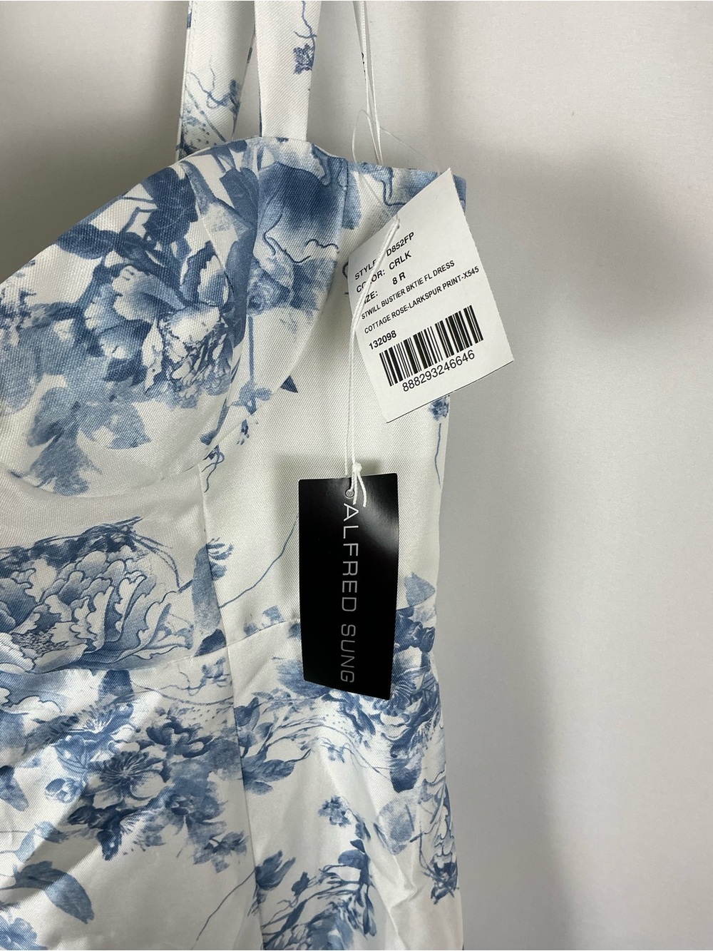 ALFRED SUNG White Satin Maxi Dress with Blue Floral Print - Picture 3 of 6